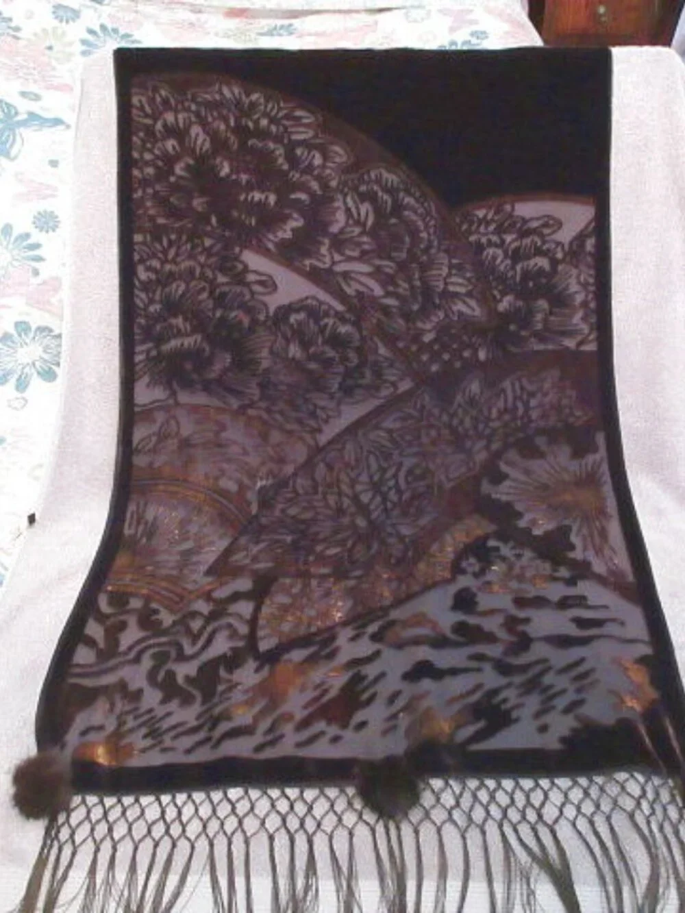 Vtg Velvet Burnout Scarf Sheer Luxurious Neck Wrap Shawl Poms Fringe Crochet EUC